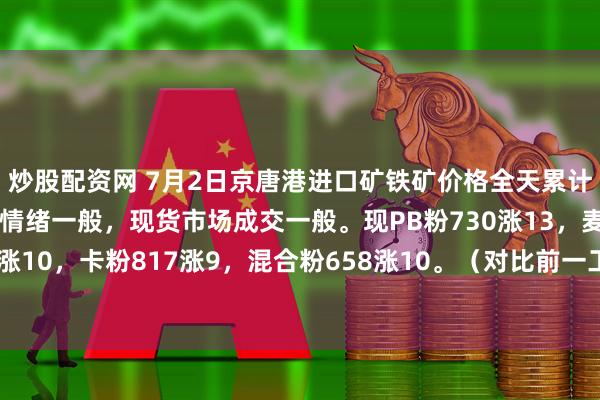 炒股配资网 7月2日京唐港进口矿铁矿价格全天累计上涨6-18。市场交投情绪一般，现货市场成交一般。现PB粉730涨13，麦克粉707涨10，卡粉817涨9，混合粉658涨10。（对比前一工作日晚间价格；单位：元/湿吨）